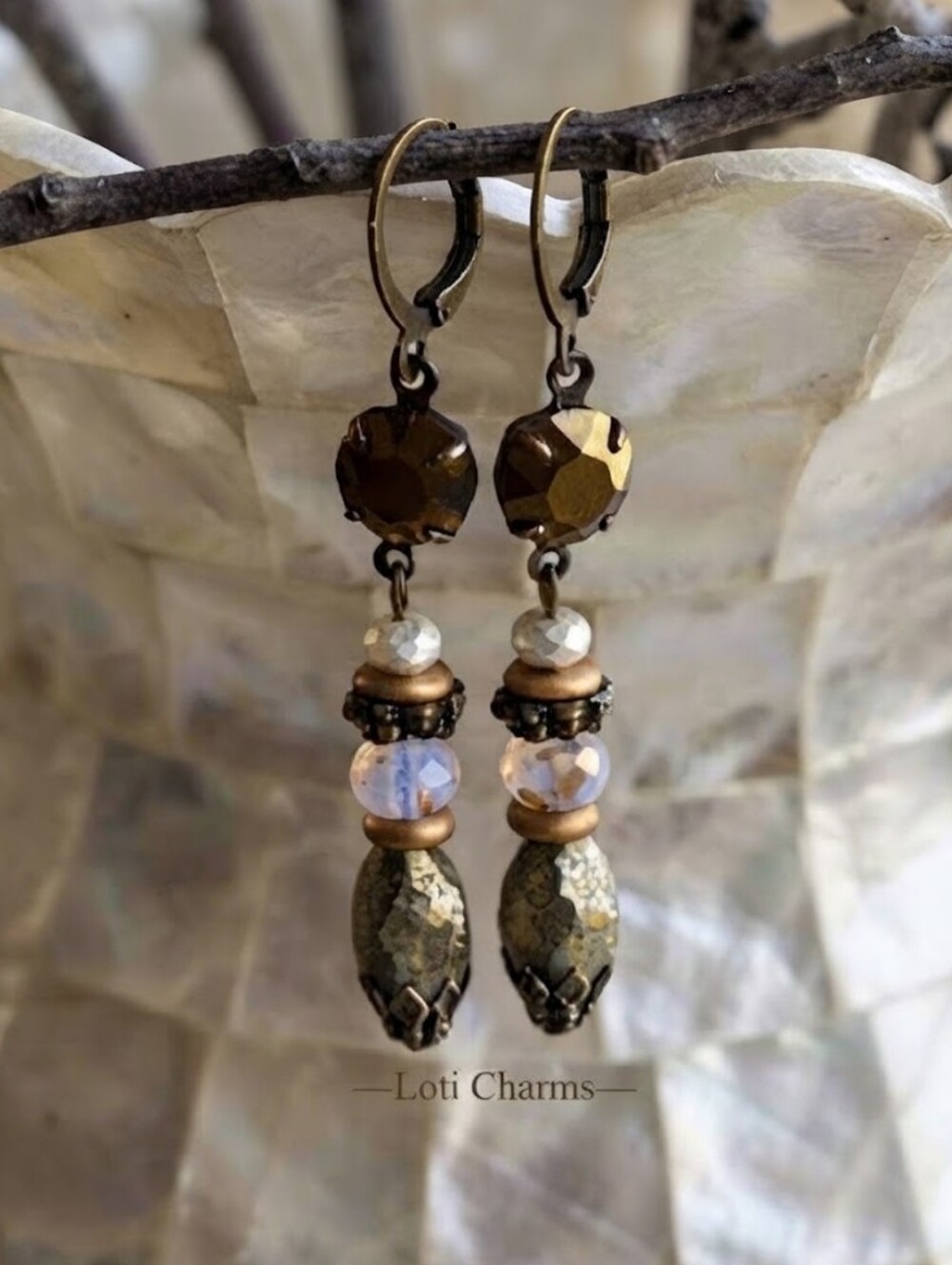 Victorian White Etched W/ Gold Mettalic Swarovski Crystal Earrings In Brass